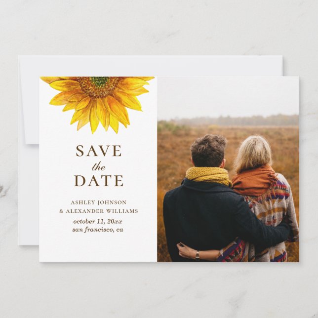 Wasserfarbene Sonnenblume. Rustikal floral botanis Save The Date (Vorderseite)