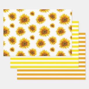 Wasserfarbene Sonnenblume. Rustikales, blumengelbe Geschenkpapier Set