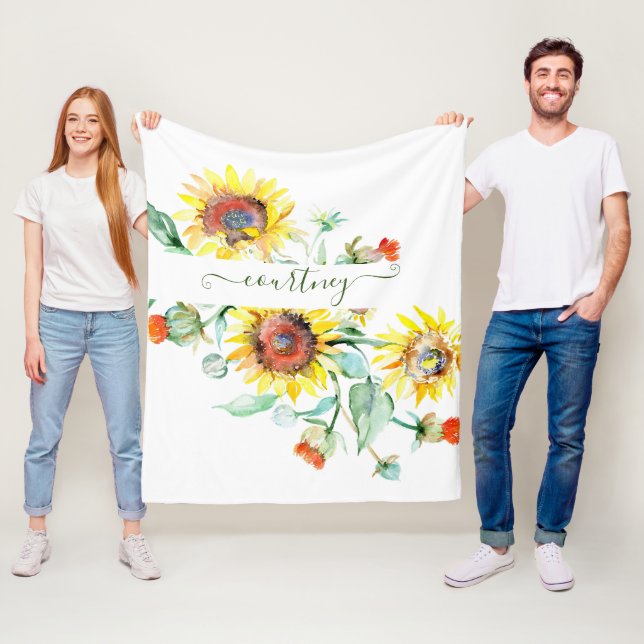 Wasserfarbene Sonnenblumen personalisiert Fleecedecke (Beispiel)