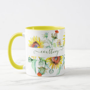 Wasserfarbene Sonnenblumen personalisiert Tasse