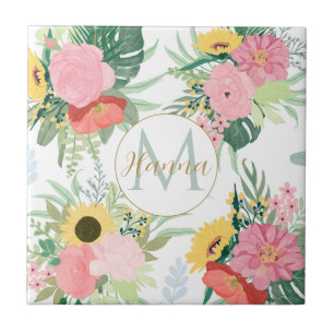 Wasserfarbene Sonnenblumen und Pfeffer Botanisch Fliese