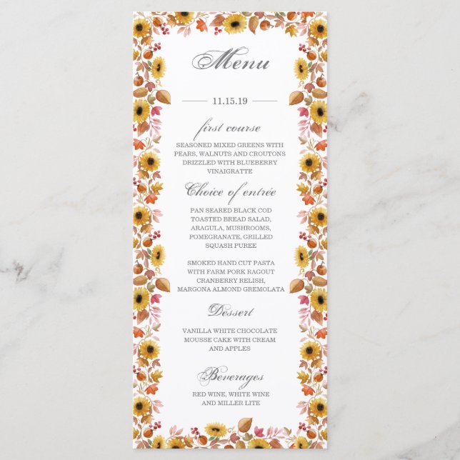 Wasserfarbene Sonnenblumenkürbis Herbstkarte Menükarte (Vorderseite)