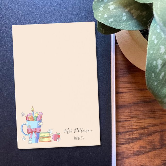 Wasserfarbene Stifte und Bücher Lehrer Nachhinweis Post-it Klebezettel (Cute personalized sticky notes for teachers with white little flowers .)