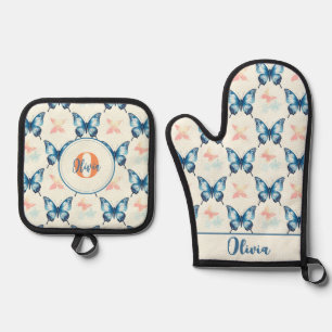 Wasserfarbene stilvolle blaue Schmetterlinge Monog Ofenhandschuh & Topflappen-Set