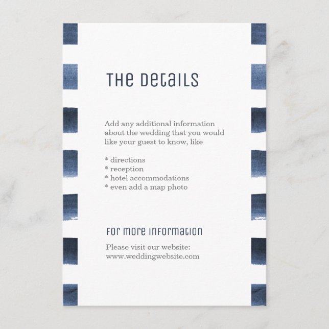 Wasserfarbene Streifen nautische Hochzeitsdetails Begleitkarte (Vorderseite)