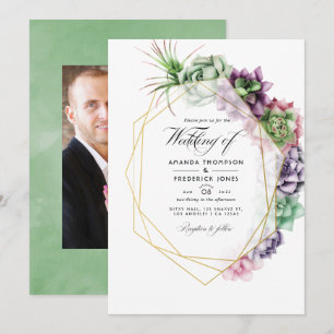 Wasserfarbene Sukkulenten-Geometrische Hochzeitsfo Einladung