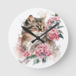 WASSERFARBENE TABBBY-KATZE MIT PINKEN-BLUME RUNDE WANDUHR
