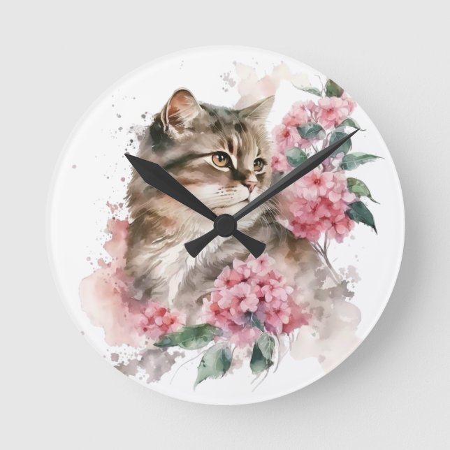 WASSERFARBENE TABBBY-KATZE MIT PINKEN-BLUME RUNDE WANDUHR (Vorderseite)