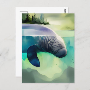 Wasserfarbene Tiere, Manatee, Postüberquerung Postkarte