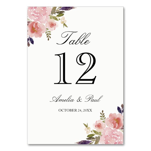Wasserfarbene Tischnummern Rosa Hochzeitskarten (Vorderseite)