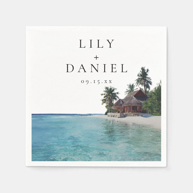 Wasserfarbene Tropenstrand-Hochzeitsdestination Serviette (Vorderseite)
