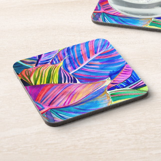 Wasserfarbene tropische Blätter Getränkeuntersetzer (Linke Seite)