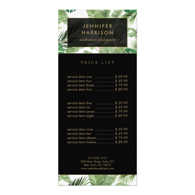 Wasserfarbene tropische Blätter Muster Schwarz/Wei Werbekarte (Vorne)