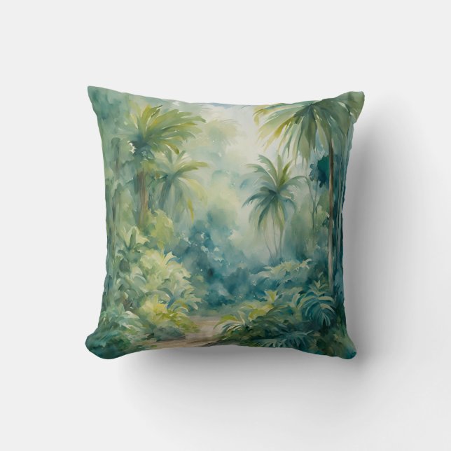 Wasserfarbene tropische Blätter Pflanze Palmen Aqu Kissen (Vorderseite)