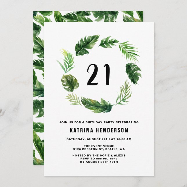 Wasserfarbene tropische Blätter Wreath Sommer Gebu Einladung (Vorne/Hinten)