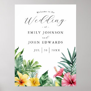 Wasserfarbene tropische Blumen Hochzeit Willkommen Poster