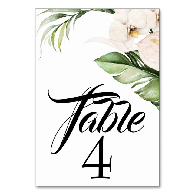 Wasserfarbene tropische Orchideen und Palmen Tischnummer (Vorderseite)