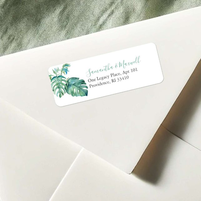 Wasserfarbene tropische Palm-Blätter Adressetikett (Florida return address labels watercolor monstera palm leaf by Victoria Grigaliunas Do Tell A Belle)