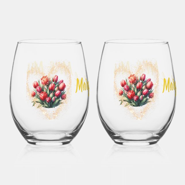 Wasserfarbene Tulpe Hochzeitswein Glas Mr & Mrs. (Vorderseite)