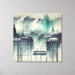 Wasserfarbene Urban Szene mit Bergen, Bäumen und Leinwanddruck