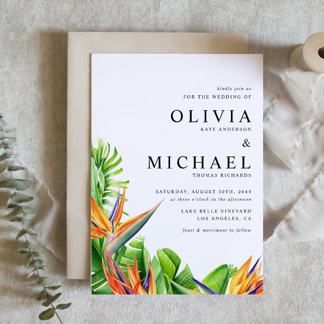 Wasserfarbene Vögel des Paradieses QR-Code Hochzei Einladung (Watercolor Birds of Paradise QR Code Tropical Wedding Invitation)