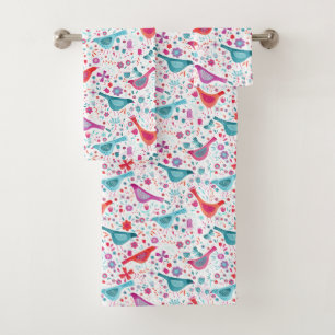 Wasserfarbene Vögel in einem Garten Aquamarin rosa Badhandtuch Set