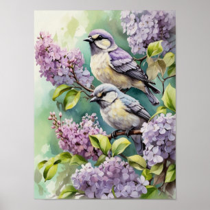 Wasserfarbene Vögel mit blühenden Lilac-Blume Poster