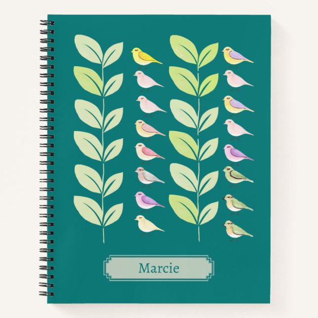 Wasserfarbene Vögel und Blätter Notizbuch (Vorderseite)