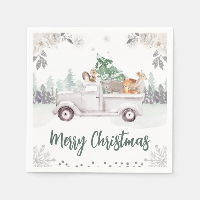 Wasserfarbene Waldtiere Weihnachten in der Blüte Serviette (Vorderseite)