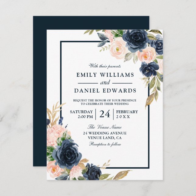 Wasserfarbene Wasserfarben für Navy & Blush Einladung (Vorne/Hinten)