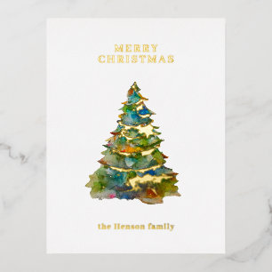 Wasserfarbene Weihnachtsbaum-Minimalist-Familie Folien Feiertagspostkarte