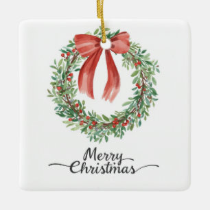Wasserfarbene Weihnachtsgirlande rotes Band Frohe  Keramikornament