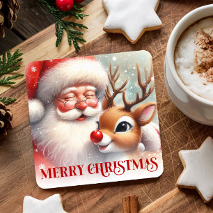 Wasserfarbene Weihnachtsmann-Rudolph-Weihnachts-Un Rechteckiger Pappuntersetzer