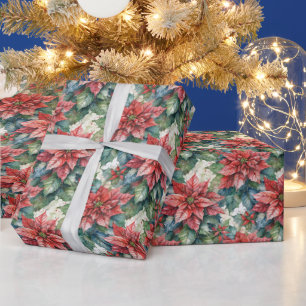 Wasserfarbene Weihnachtsrote Poinsettien-Blumen Geschenkpapier