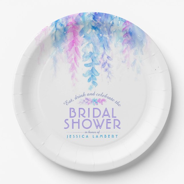 Wasserfarbene Weinrebe Blumenblau lila Brautparty Pappteller (Vorderseite)