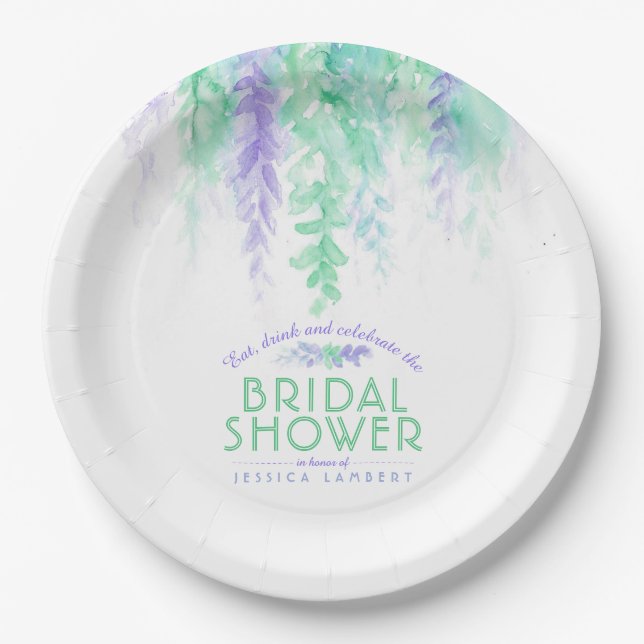 Wasserfarbene Weinrebe Blumengrün lila Brautparty Pappteller (Vorderseite)