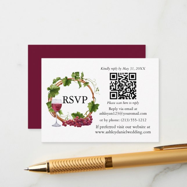 Wasserfarbene Weintrauben Wreath Wedding QR UAWG Begleitkarte (Vorderseite/Rückseite Beispiel)