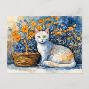 Wasserfarbene weiße Katze im Korb der Blume Postkarte