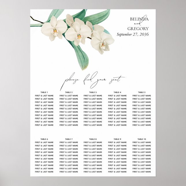 Wasserfarbene weiße Orchideen Hochzeit Sitzordnung Poster (Vorne)