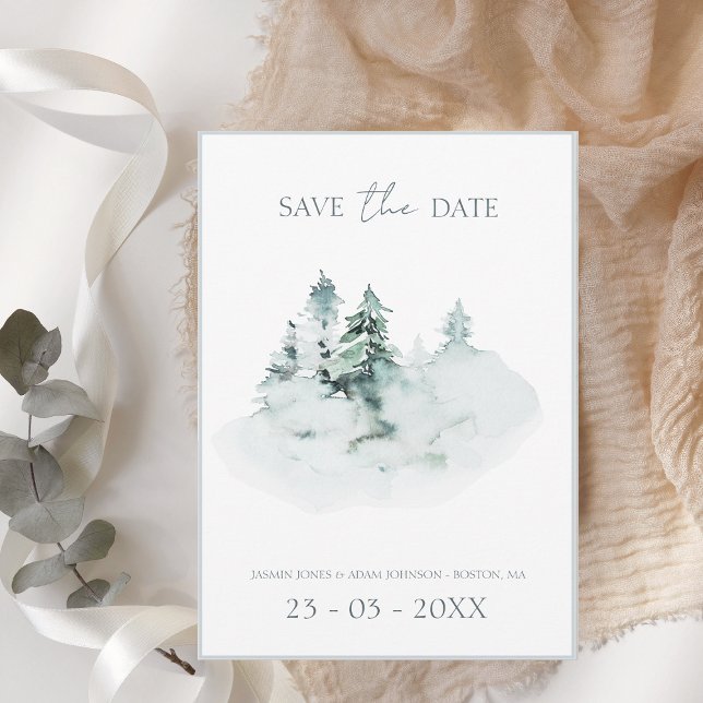 Wasserfarbene, weiße Pinienbäume Hochzeit Save The Date (Von Creator hochgeladen)
