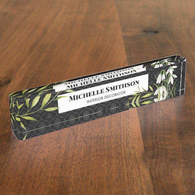 Wasserfarbene weiße Schneeröcke und Laurel Damask Namensplakette (Seite)