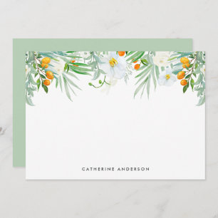 Wasserfarbene Weißorchideen und Kumquats-Stationie Mitteilungskarte