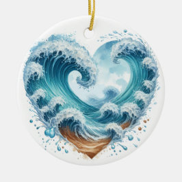 WASSERFARBENE WELLEN IM HERZEN AM STRAND KERAMIK ORNAMENT