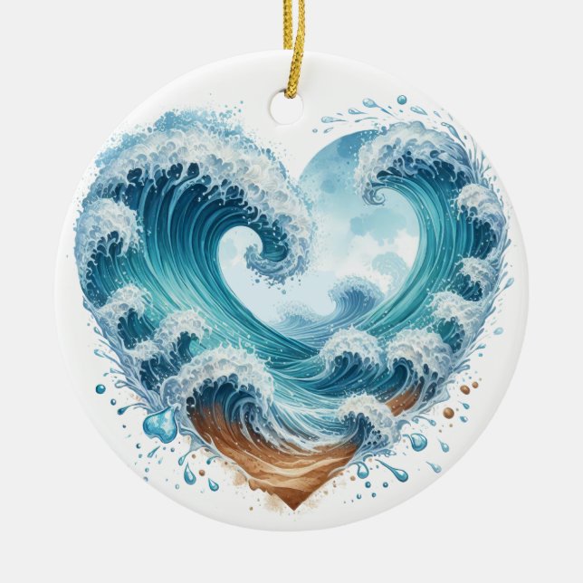 WASSERFARBENE WELLEN IM HERZEN AM STRAND KERAMIK ORNAMENT (Vorne)