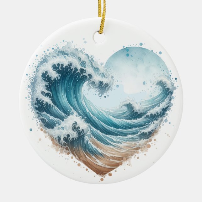 WASSERFARBENE WELLEN IM HERZEN AM STRAND KERAMIK ORNAMENT (Vorne)