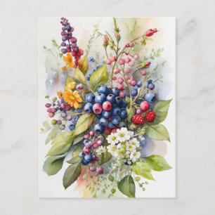 Wasserfarbene Wildbeeren und Blume Natur Postkarte