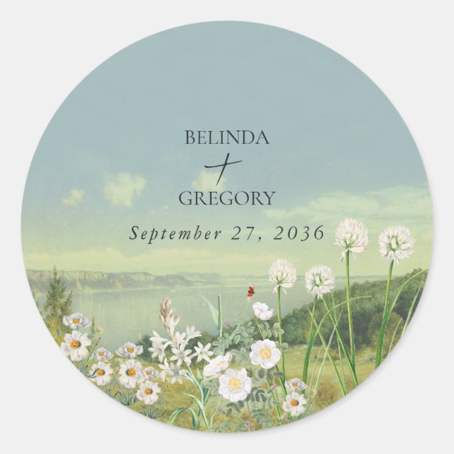 Wasserfarbene Wildblume Bergwelt Hochzeit Runder Aufkleber (Vorderseite)