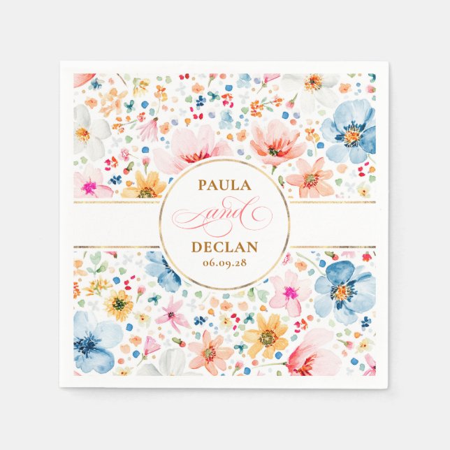 Wasserfarbene Wildblumen Elegante Boho Hochzeit Serviette (Vorderseite)