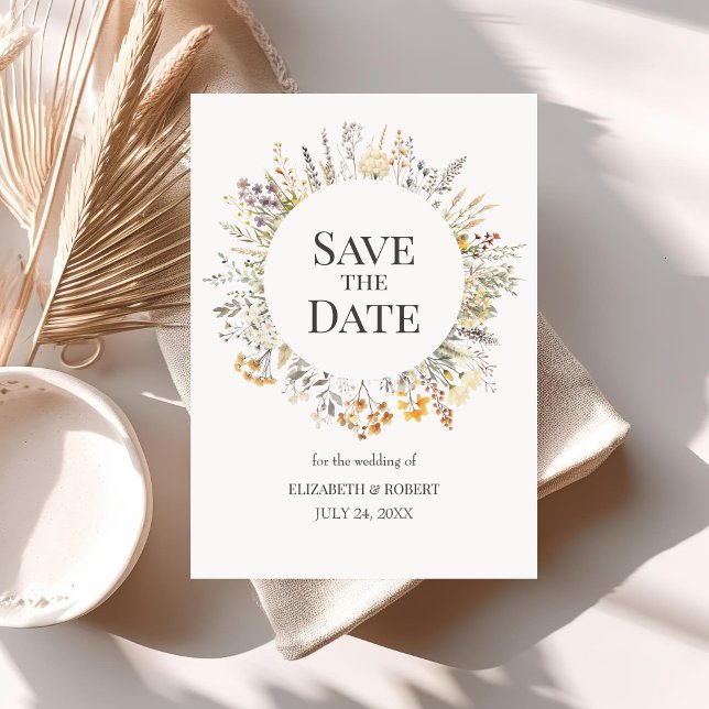 Wasserfarbene Wildblumen Save the Date zeichnen Einladung (Peach Watercolor Wildflowers Save The Date Invitation on a table with neutral boho decoration.)