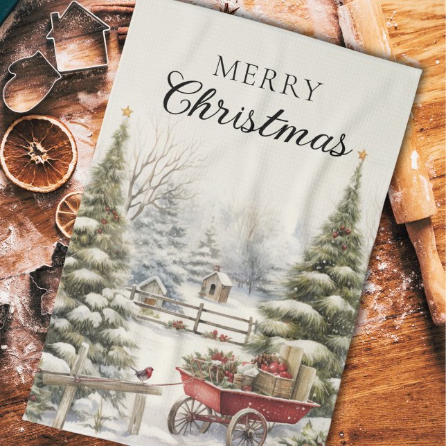 Wasserfarbene Winterwälder Bäume Frohe Weihnachten Geschirrtuch (Von Creator hochgeladen)